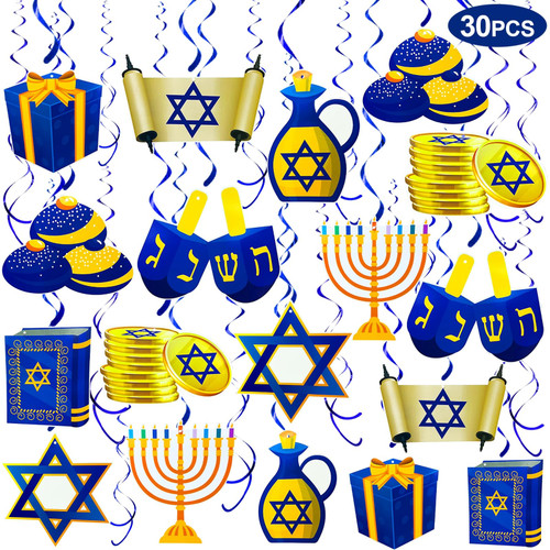 TURNMEON 30 PCS Hanukkah Decorations Hanging Swirls, Menorah Star of David Dreidel Hanukkah Party Supplies Chanukah Decorations Hanukkah Ceiling Swirls for Home Office Party Decor