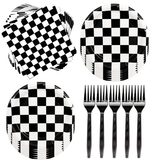 60Pcs Race Car Black and White Checkered Party Supplies Racing Tableware Set 7"Black and White Checkered Plates and Checkered Flag Napkins Fork for Race Car Themed Birthday Party Decorations(Serve 20) 60Pcs Race Car Black and White Checkered Party Supplies Racing Tableware Set 7"Black and White Checkered Plates and Checkered Flag Napkins Fork for Race Car Themed Birthday Party Decorations(Serve 20)