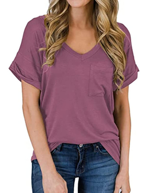HNGHOU Womens Short Sleeve Blouse Shirts Tops Casual Loose Solid V Neck Tunic Tee Tops (Maroon, 2X-Large)