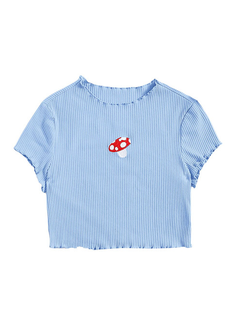 Floerns Women's Casual Lettuce Trim Short Sleeve Rib Knit Crop Tops Tee Shirts Pastel Blue XL