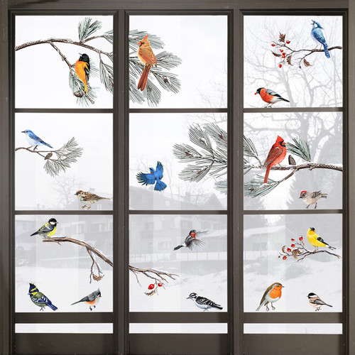 Yovkky Winter Bird Pine Tree Branch Window Clings 9 Sheet, Cardinal Bullfinch Chickadee Robin Glass Sticker Decal Snow Red Berry Decor Home Kitchen Office Fridge Decoration Kid DIY Supply Double Sided
