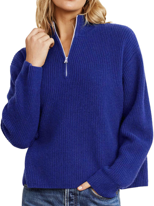 Saodimallsu Women's Oversized Quarter Zip Sweaters 2023 Fall Long Sleeve V Neck Collar Ribbed Knitted Casual Pullover Tops Dark Blue