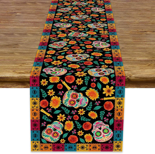 Dia De Los Muertos Table Runner Linen Mexican Sugar Skull Day of The Dead Altar Decoration for Home Kitchen Dining Room (13" x 90")