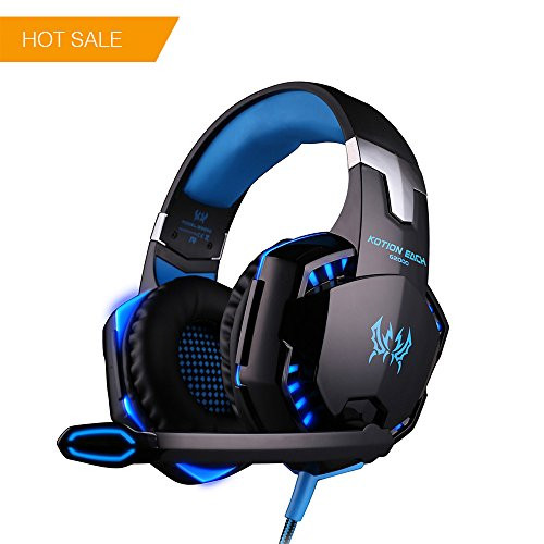KOTION EACH G2000 PC Gaming Headset Over-ear Game Gaming Headphone Headset Earphone Headband with Volume Control with Mic Stereo Bass LED Light for PC,PS4,Xbox One (Black Blue)