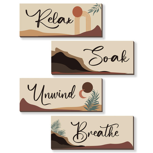 4 Pcs Boho Bathroom Decor Boho Wall Decor with Relax Soak Unwind Breathe Relaxing Quotes Bohemian Wooden Hanging Wall Art Farmhouse Abstract Decoration for Bedroom Living Room Office (Boho 10X4 Inch)
