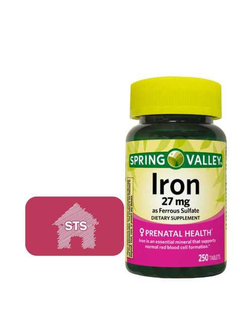 Spring Valley Iron as Ferrous Sulfate 27 mg, 250 Count + STS Home Sticker. Spring Valley Iron as Ferrous Sulfate 27 mg, 250 Count + STS Home Sticker.