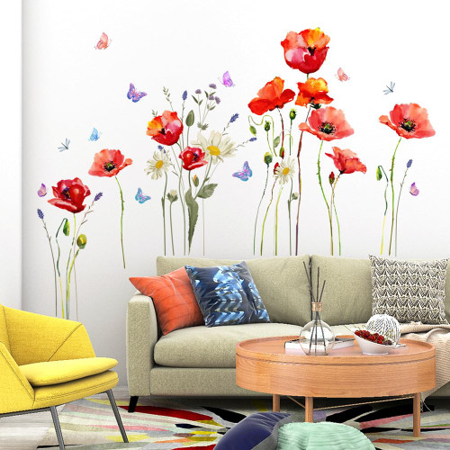 Wallpark Red Poppy Flowers Butterflies and Dragonflies Removable Wall Sticker Decal, Living Room Bedroom Home Decoration Adhesive DIY Art Wall Mural