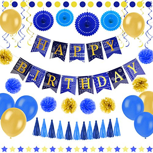 55 pcs Blue and Gold Birthday Party Decorations - Paper Fans, Balloons, Happy Birthday Banner, Pom Poms Flowers, Paper Garland, Swirls, Tassels for Adults and Kids Birthday Party Decorations by Enfy 55 pcs Blue and Gold Birthday Party Decorations - Paper Fans, Balloons, Happy Birthday Banner, Pom Poms Flowers, Paper Garland, Swirls, Tassels for Adults and Kids Birthday Party Decorations by Enfy