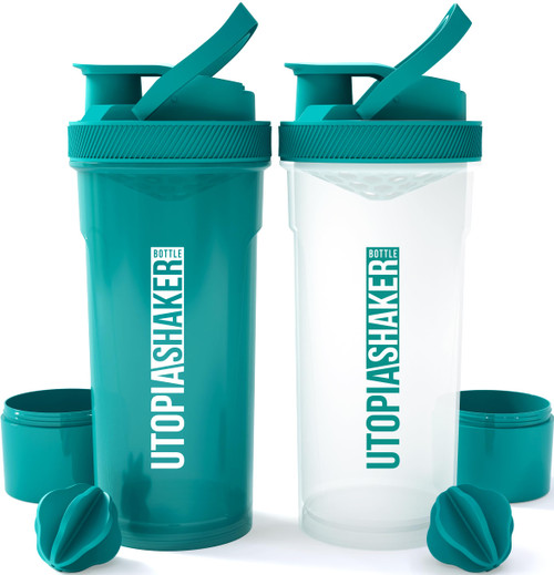 Utopia Home 2-Pack Shaker Bottle - 24 Ounce Protein Shaker Bottle for Pre & Post workout drinks - Classic Protein Mixer Shaker Bottle with Twist and Lock Protein Box Storage (All Teal & Clear/Teal)