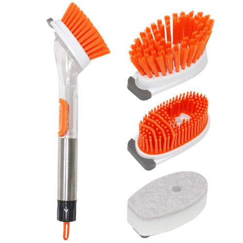 Kitchen Dish Brush,Soap Dispensing Scrub Brush with Handle,Dish Wand Brush with Soap Dispenser,Kitchen Brush for Dish Pot Pan Sink Cleaning,with 3 Reusable Refill Replacement Heads