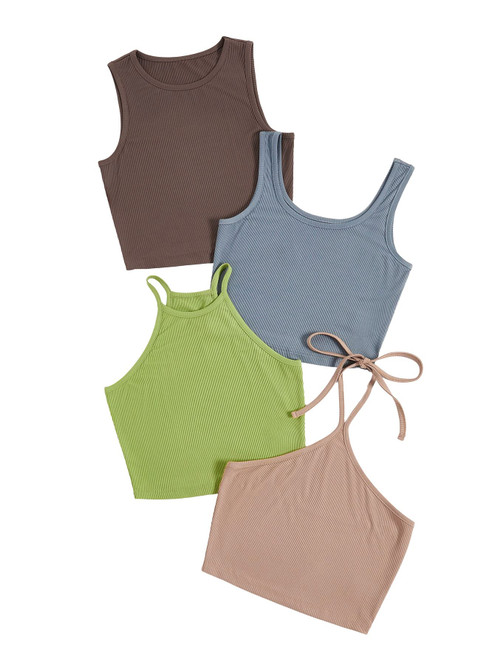 GORGLITTER Women's 4 Pieces Ribbed Knit Crop Tank Tops Sleeveless Casual Vest Pack Multicolor Small GORGLITTER Women's 4 Pieces Ribbed Knit Crop Tank Tops Sleeveless Casual Vest Pack Multicolor Small
