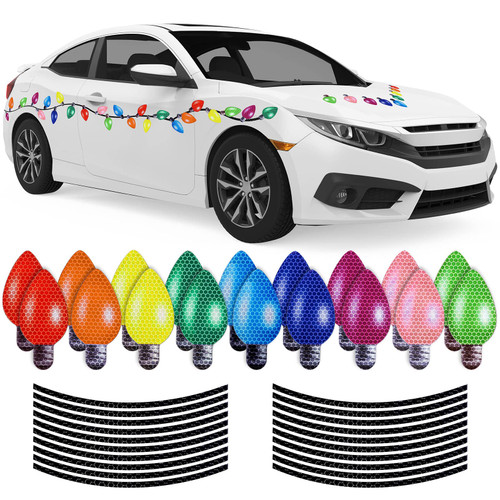 Whaline 56Pcs Christmas Reflective Car Magnets Set 36Pcs Colorful Bulb Light Magnets with 20Pcs Lines Refrigerator Garage Magnet Decals for Xmas Holiday Birthday Cars Mailbox Window Decoration
