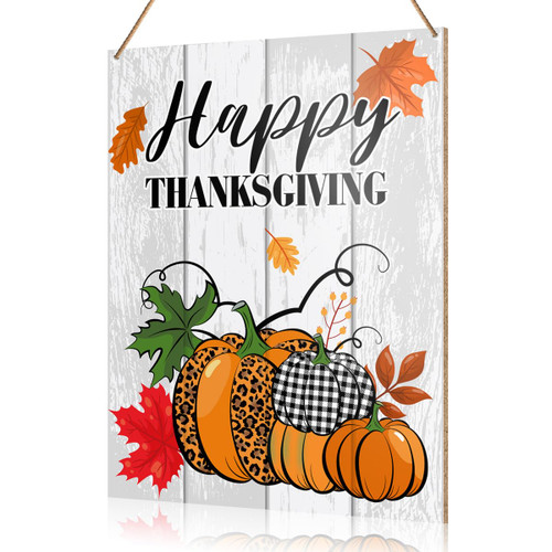 Happy Thanksgiving Decorations Hanging Sign, Thanksgiving Decor Rustic Buffalo Plaid Pumpkin Wooden Wall Sign Decorations