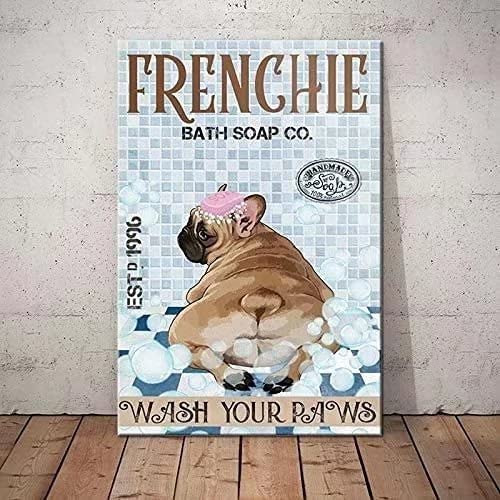 EWERW Frenchie Dog Metal Tin Signs Print Poster Bath Soap Co. Wash Your Paws Home Art Wall Decor Plaque Bathroom Bedroom Living Kitchen Decoration, 8Inch X 12Inch EWERW Frenchie Dog Metal Tin Signs Print Poster Bath Soap Co. Wash Your Paws Home Art Wall Decor Plaque Bathroom Bedroom Living Kitchen Decoration, 8Inch X 12Inch