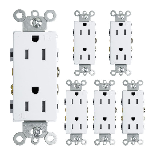 Decorator Receptacle, Tamper-Resistant Duplex Outlet, Standard Electrical Wall Outlet, 15Amp, 125 Volt, Self-Grounding, UL Listed (White, 6 Pack)