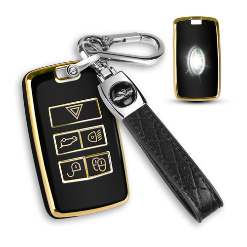 QBUC for Land Rover Key Fob Cover with KeyChain Soft TPU Gold Trim Key Case Full Protection Compatible with 2018-2023 Land Rover Range Rover Evoque Sport Vogue Discovery 5 Jaguar E I-PACE (Black)