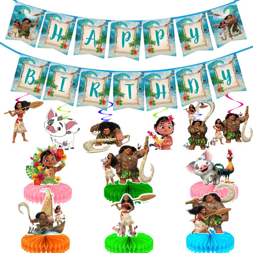 Moana Birthday Party Supplies Moana Party Decorations Includes Happy Birthday Banner,Hanging Swirls and Moana Honeycomb Centerpieces for Baby Shower Decorations