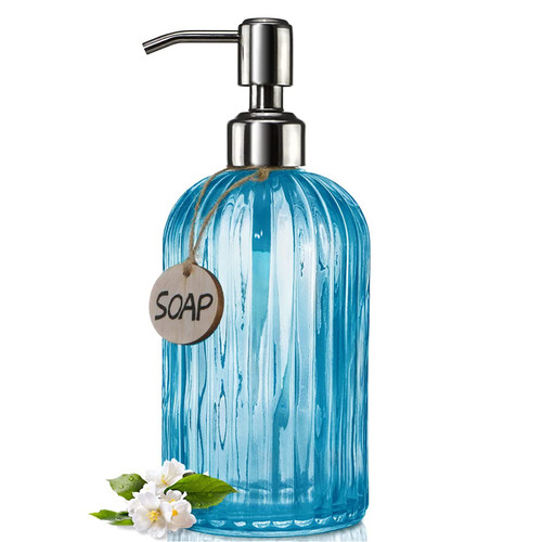 V-Shine 18 Oz Clear Glass Soap Dispenser with Rust Proof Stainless Steel Pump, Refillable Liquid Hand Soap Dispenser for Bathroom, Premium Kitchen Soap Dispenser (Blue)