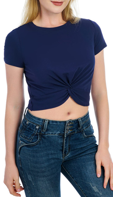 Artivaly Women's Short Sleeve Round Neck Crop Top Causal Twist Front Tee Navy Blue