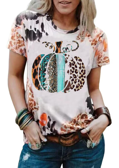 Pumpkin Halloween Shirts for Women Leopard Pumpkin Graphic T-Shirt Funny Fall Short Sleeve Tee Thanksgiving Gift Shirt (Small, Multicolor)