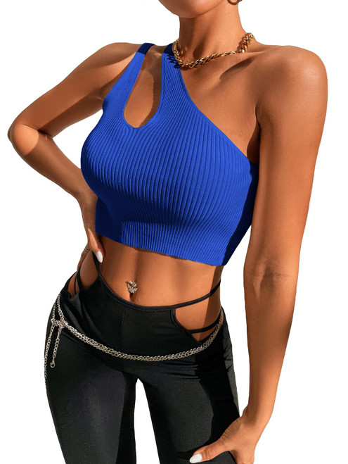 MakeMeChic Women's Cut Out One Shoulder Sleeveless Ribbed Knit Crop Tank Top Blue S