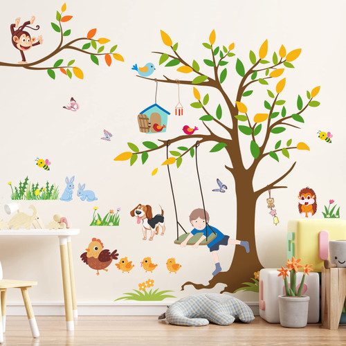 LiveGallery 6 Sheets of 12"x18" Removable Cartoon Brown Tree Yellow Green Leaves With Animals Wall Stickers Murals DIY Boy Swinging in the Tree Branch Wall Decal for Kids Baby Bedroom Living Room Nursery Classroom Playroom Decoration (Tree)