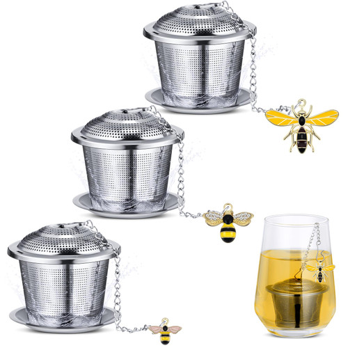 FoldTier 3 Sets Loose Leaf Tea Steeper Stainless Steel Tea Ball Infusers for Loose Tea Honey Bee Tea Strainer Mesh Tea Filters with Drip Trays and Honey Bee Pendant for Loose Tea Holder
