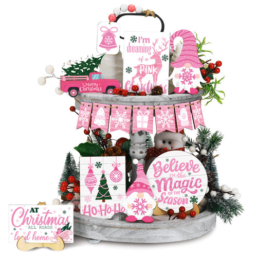 15 Pieces Christmas Tiered Tray Decor Gingerbread Christmas Decor Farmhouse Christmas Table Decorations Tiered Tray Christmas Decor Set Winter Wooden Sign Tabletop for Xmas Party (Romantic Style)