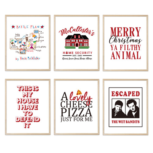 Home Alone Christmas Decorations, Funny Home Alone Posters for Holiday Decor, Set of 6 Home Alone Wall Art Prints for Room Decor, Xmas Home Alone Bathroom Party Decor Supplies, 8x10 inch, Unframed