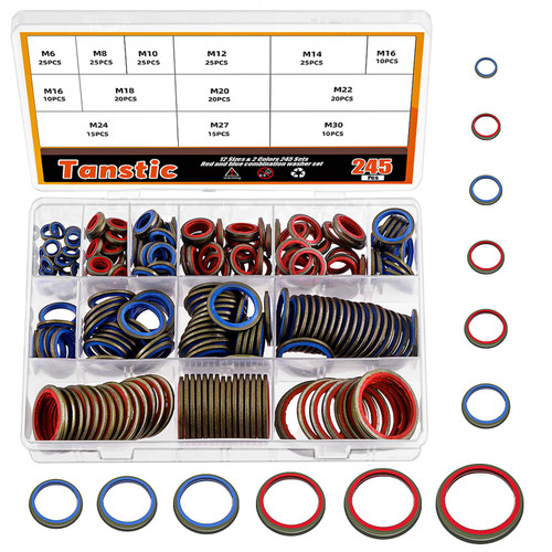 Tanstic 245Pcs Metal Bonded Seal Washer Kit, Metric Bonded Seal Gasket Washer Automotive Self-Centred Seal Gasket Sealing Washer-12 Sizes M6 M8 M10 M12 M14 M16 M18 M20 M22 M24 M27 M30