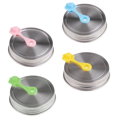 Luxshiny Wide Mouth Canning Lids 4 Sets Stainless mason jar lids with straw hole mason jar straw lids mason jar drinking lids Steel Regular Mouth Wide Mouth Jar Lids