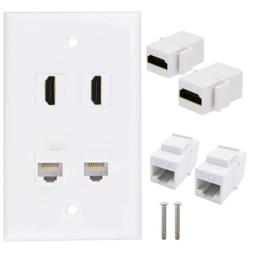 HDMI Cat6 RJ45 Wall Plate, 4Port Outlet Wall Plate,Halokny 2 x HDMI Keystone Jack + 2 x Cat6 RJ45 Ethernet, for Wall Plate Face Plate, White