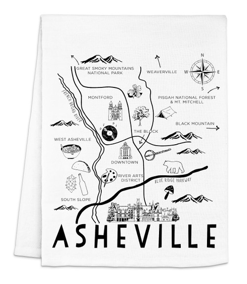 Original Dish Towel, Asheville NC Map, Flour Sack Kitchen Towel, Sweet Housewarming Gift, Farmhouse Kitchen Decor, White or Gray (White)