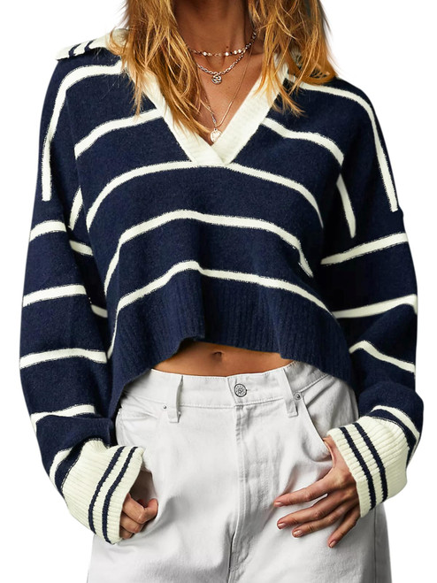 Imily Bela Womens Oversized Cropped Sweaters Striped V Neck Causal Long Sleeve Loose Knitted Pullover Jumper Tops Navy