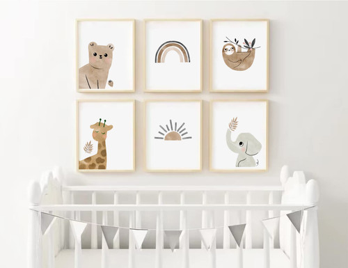 Nursery Wall Art Print Set of 6 Boho Nursery Wall Art Baby Nursery Canavs Wall Art Nursery Animal Rainbow Print Boho Rainbow Nursery Decor Neutral Baby Girl Boy Room Wall Decor 8x10 Inch UNFRAMED