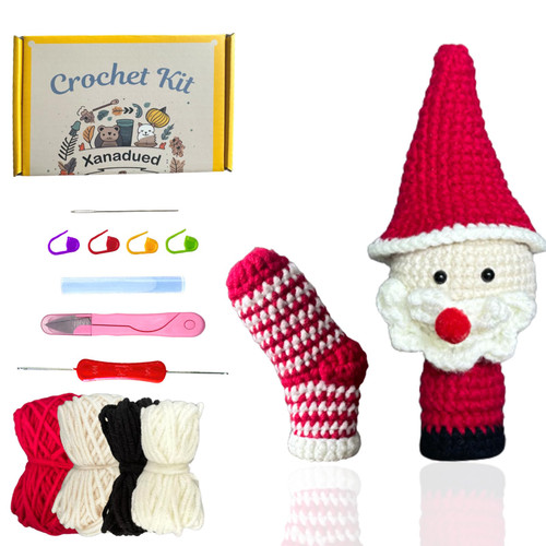Xanadued Crochet Kit for Beginners, Crochet Christmas Santa Claus & Sock Set, Knitting Kit for Beginners Adults, Easy Learn to Crochet Kit with Tutorial and Step-by-Step Instruction Vedio.