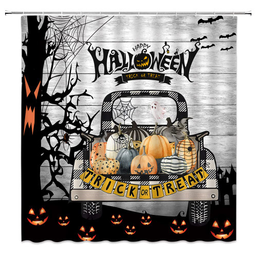 AEMBEE Halloween Truck Shower Curtain Horror Pumpkin Farm Car Dead Tree Spider Web Bat Retro Wooden Board Scary Spooky Polyester Bathroom Curtains with Hooks,Gray Black Orange