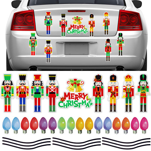 Whaline 35Pcs Christmas Nutcracker Reflective Car Magnet Set Include Colorful Bulb Light Magnets with Black Lines and Letter Merry Xmas Fridge Garage Magnet Decal for Mailbox Metal Door Cabinet