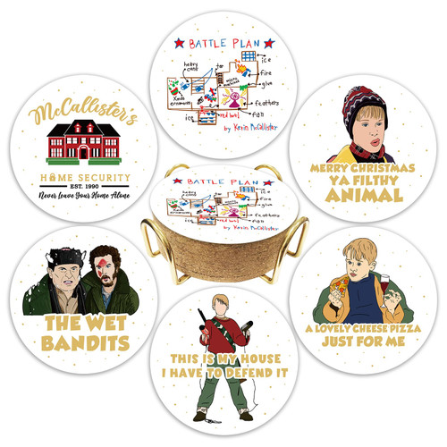 Home Alone Merchandise, 6 Pcs Funny Christmas Drink Coasters with Metal Holder, Cute Home Alone Gifts, Cute Christmas Home Table Decorations, Novelty Xmas Gifts for Women Men
