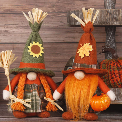 RECHIATO Fall Scarecrow Gnomes Decorations for Home, 2 Pack Thanksgiving & Harvest Gnomes Plush Decor, Autumn Office Decor, Farmhouse Kitchen Decor Table Decor