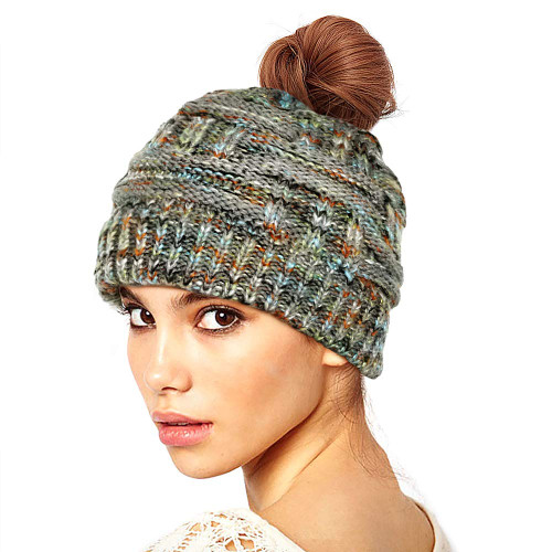 Taidor Messy Bun Ponytail Beanie Hat Colored Dots Cable Knit Cap for Women Girls Winter Gray