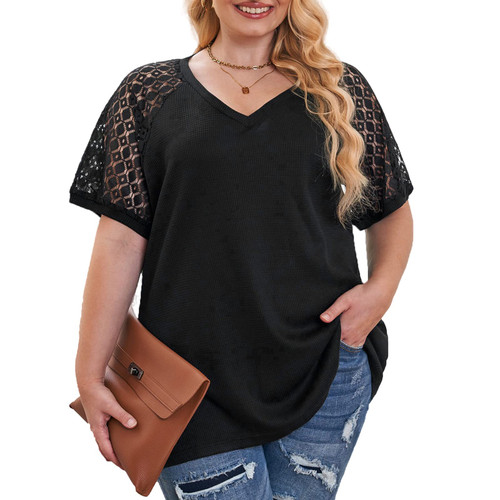 Plus Size Tops for Women Summer Lace Short Sleeve Shirt V Neck Tops Blouse Waffle Knit Short Tee Black