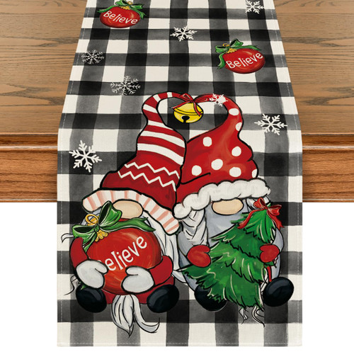 Artoid Mode Buffalo Plaid Gnome Bell Xmas Tree Christmas Table Runner, Seasonal Winter Kitchen Dining Table Decoration for Home Party Decor 13x120 Inch