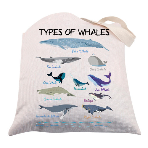 CMNIM Types Of Whales Tote Bag Whale Gifts for Whale Lovers Cute Ocean Animal Whale Canvas Tote Bag Handbag Orca Whale Gifts (Whales Tote Bag)