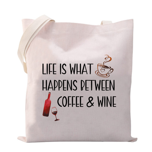 VAMSII Coffee Wine Lover Tote Bag Life is what Happens between Coffee and Wine Shoulder Bag Coffee Lovers Gifts Wine Lover Gifts (Tote Bag)
