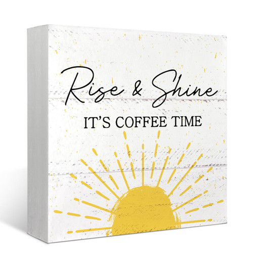 Mtrgdn Rise and Shine It's Coffee Time Boho Sun Wood Box Sign Desk Decor Funny Coffee Wooden Box Block Sign Decorations for Home Office Wall Tabletop Desk Decor Coffee Lover Gift