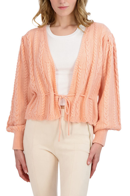 BCBGeneration Women's Long Balloon Sleeve Peplum Cable Knit Sweater Plunging V Neck Drawstring Top, Peach, Medium