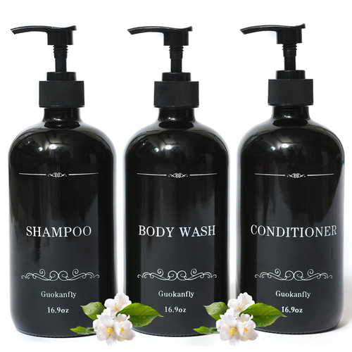Guokanfly Black Shampoo and Conditioner Dispenser, 3 Pack 16.9oz Glass Shampoo Conditioner Body Wash Shower Dispenser Bottle with Pump and Labels, Refillable Bathroom Soap Dispenser Set Black