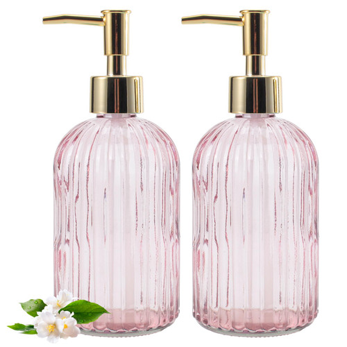 12 OZ Soap Dispenser,Pump Refillable Liquid Hand Soap Dispenser,for Bathroom,Kitchen,Dish Soap,Lotion, Stripe Soap Dispenser (Pink 2 Pack)