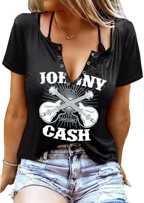 Women Music Guitar T-Shirt Rock Concert Band T-Shirt Rock Roll Music Shirts Country Music Tees Casual O-Neck Shirt Tops(Black-1,Medium)